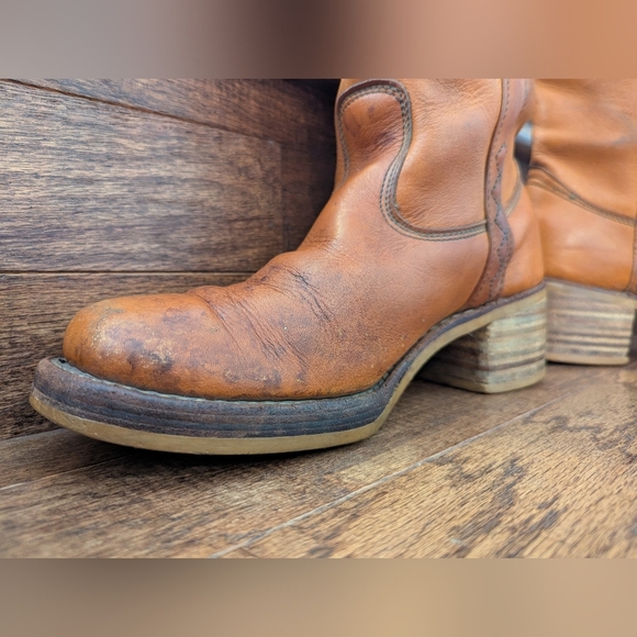 Vintage 70s Longhorn Stitched Campus Frye style Amber leather Western Boots 10 D - Picture 5 of 16